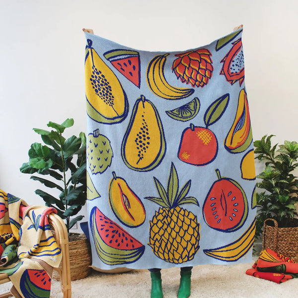 CNAC Tropical Fruit Blanket - Blue - Pillows & Throws - Feliz Modern
