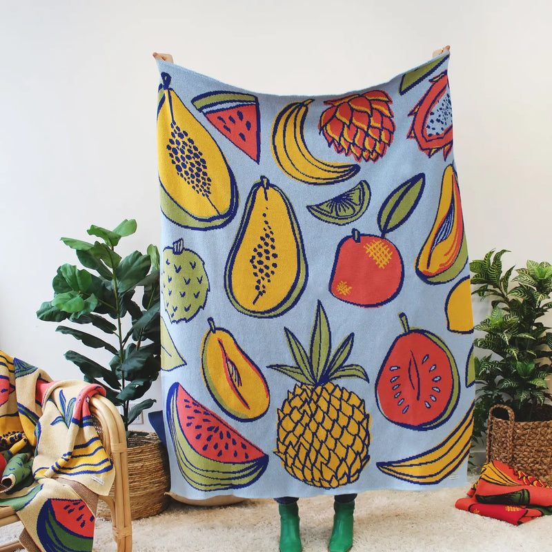 CNAC Tropical Fruit Blanket - Blue - Pillows & Throws - Feliz Modern