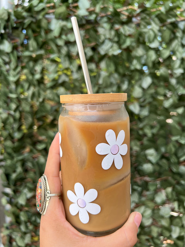 NZNZ Floral Glass Cup - Regular 16 oz (with lid) - Drinkware - Feliz Modern