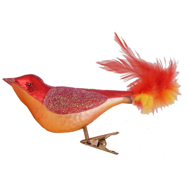 CHBK Clip On Glass Bird - Red Bird w Red Feathers - Christmas - Feliz Modern