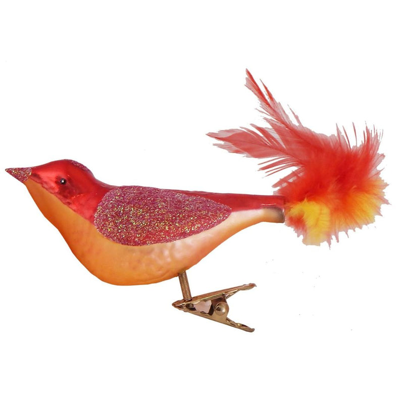 CHBK Clip On Glass Bird - Red Bird w Red Feathers - Christmas - Feliz Modern